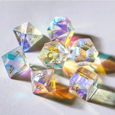 Dobbelstenenset Glas Regenboog in tin doosje Dobbelstenenset Glas Regenboog in tin doosje